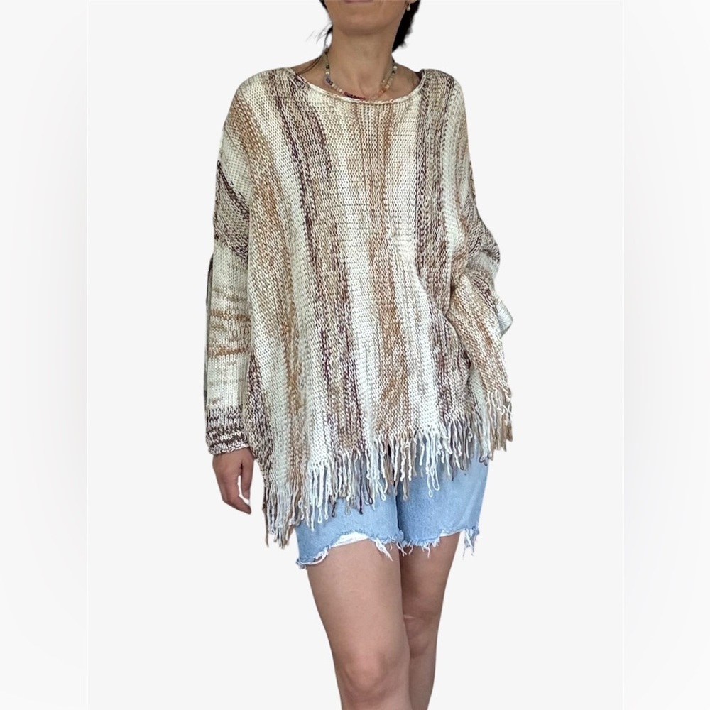 Laurie Felt Baja Fringe Sweater Cream Brown Stripe